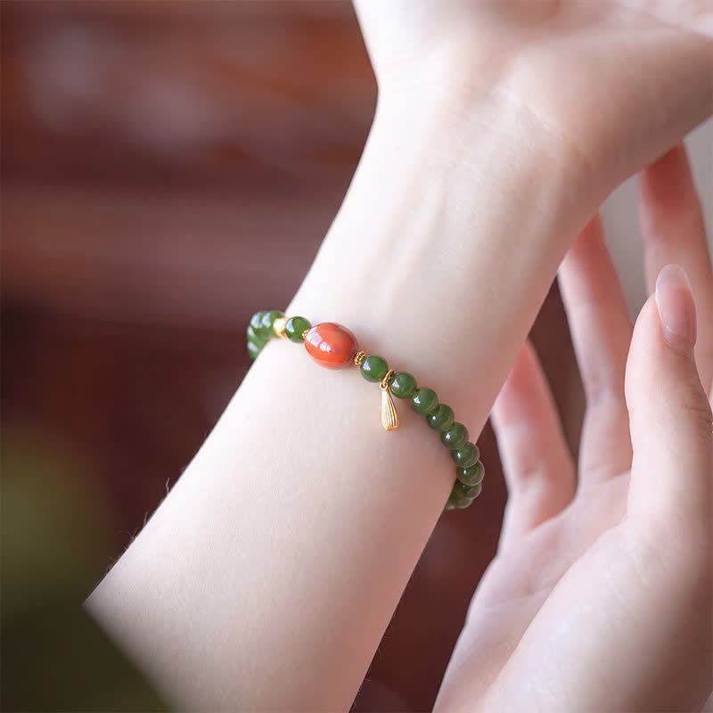 EverestArtstudios Spinach Green Hetian Jade Red Agate Luck Bracelet