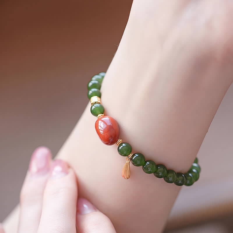 EverestArtstudios Spinach Green Hetian Jade Red Agate Luck Bracelet