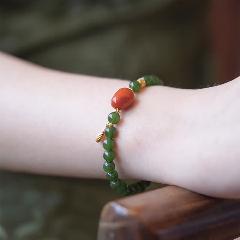 EverestArtstudios Spinach Green Hetian Jade Red Agate Luck Bracelet