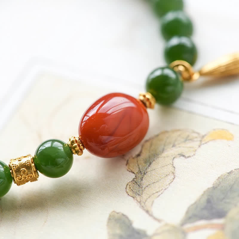 EverestArtstudios Spinach Green Hetian Jade Red Agate Luck Bracelet