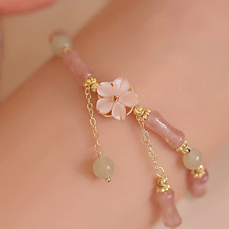 Buddha Stones Strawberry Quartz Bamboo Hetian Jade Romantic Bracelet