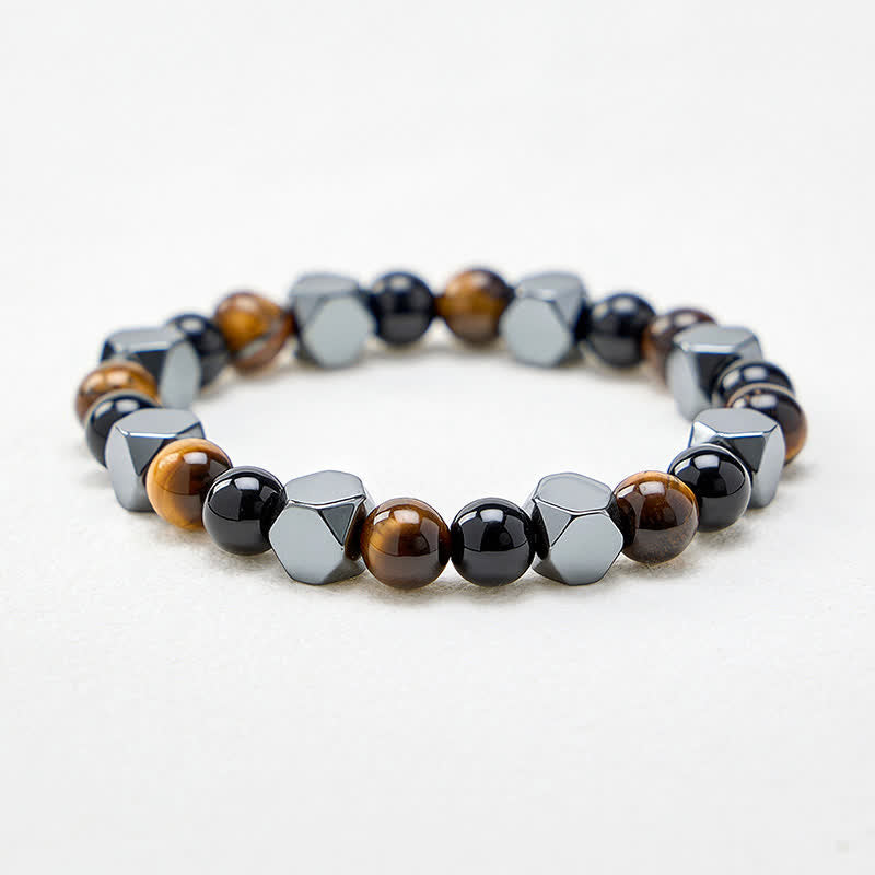 Buddha Stones Black Obsidian Tiger Eye Hematite Faceted Protection Bracelet