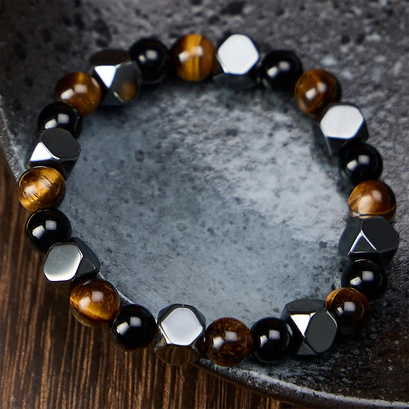Buddha Stones Black Obsidian Tiger Eye Hematite Faceted Protection Bracelet
