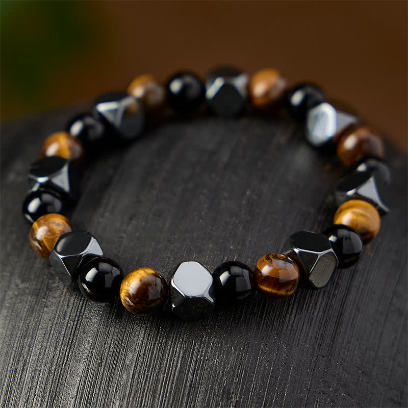 Buddha Stones Black Obsidian Tiger Eye Hematite Faceted Protection Bracelet