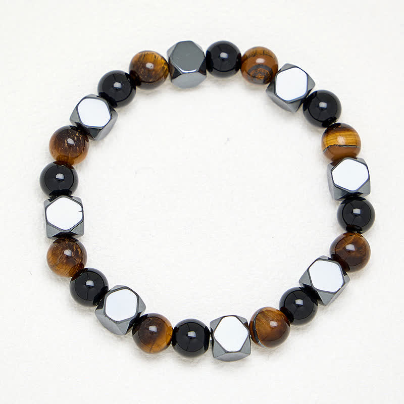 Buddha Stones Black Obsidian Tiger Eye Hematite Faceted Protection Bracelet