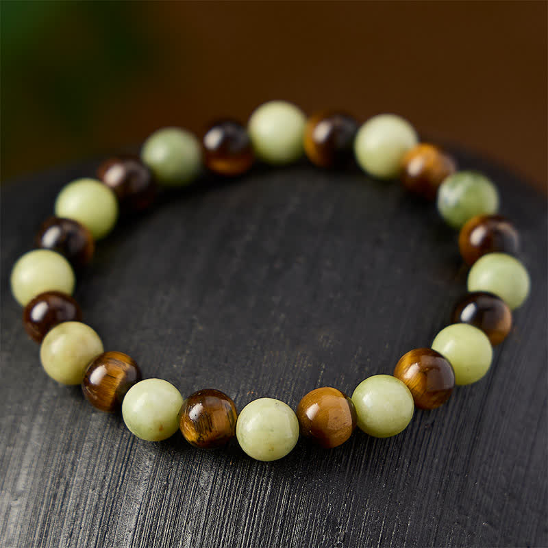 EverestArtstudios Tiger Eye Jade Strength Round Beaded Bracelet