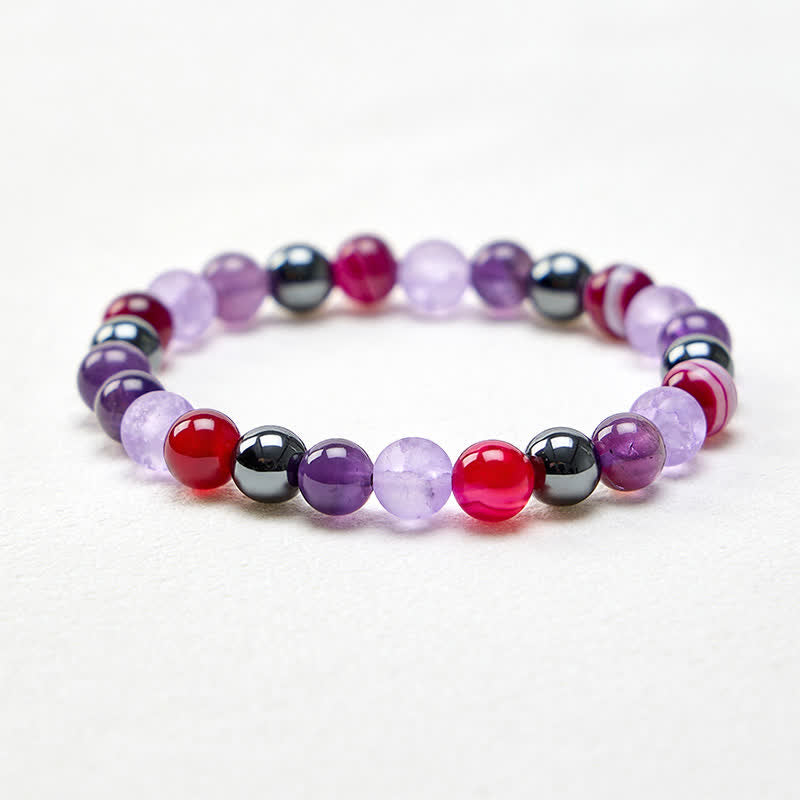 Buddha Stones Natural Amethyst Purple Agate Hematite Meditation Bracelet