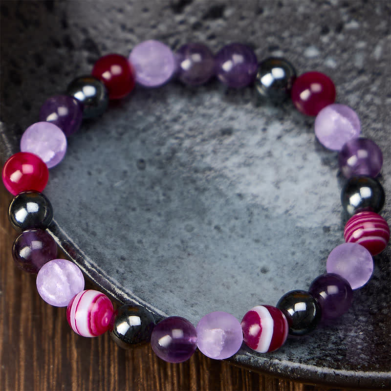 Buddha Stones Natural Amethyst Purple Agate Hematite Meditation Bracelet