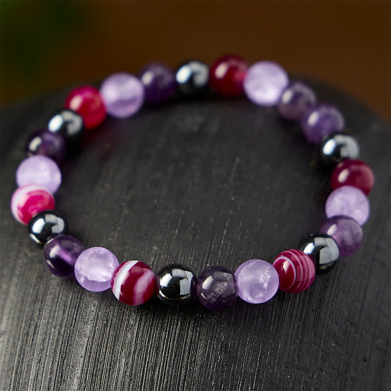 Buddha Stones Natural Amethyst Purple Agate Hematite Meditation Bracelet