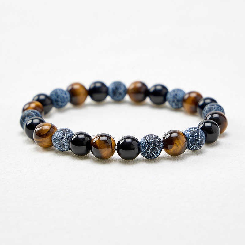 Buddha Stones Black Obsidian Tiger Eye Crackle Agate Purification Beaded Bracelet