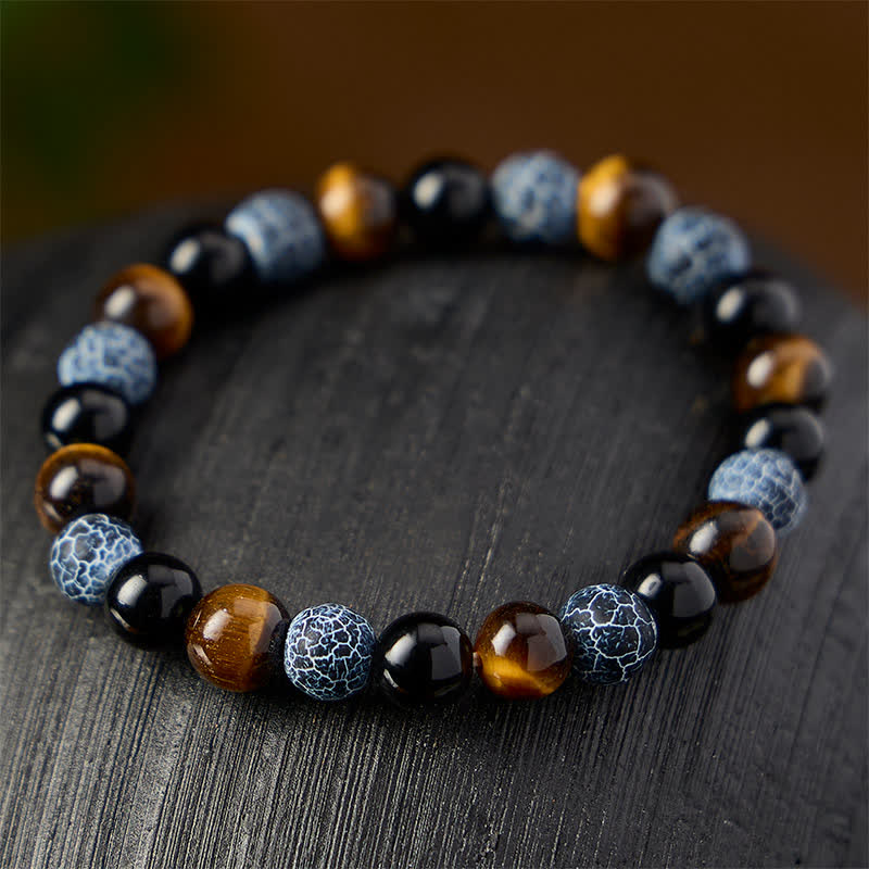 Buddha Stones Black Obsidian Tiger Eye Crackle Agate Purification Beaded Bracelet