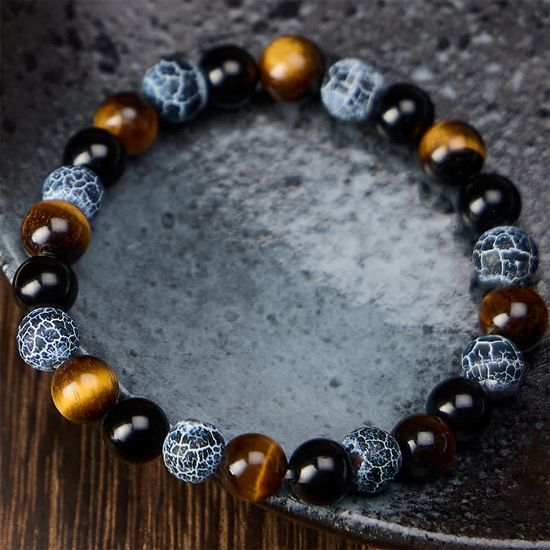 Buddha Stones Black Obsidian Tiger Eye Crackle Agate Purification Beaded Bracelet