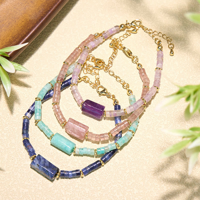 Buddha Stones Amethyst Amazonite Strawberry Quartz Sodalite Truth Faceted Cylinder Accent Bracelet