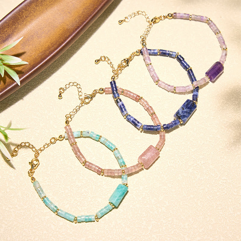 Buddha Stones Amethyst Amazonite Strawberry Quartz Sodalite Truth Faceted Cylinder Accent Bracelet