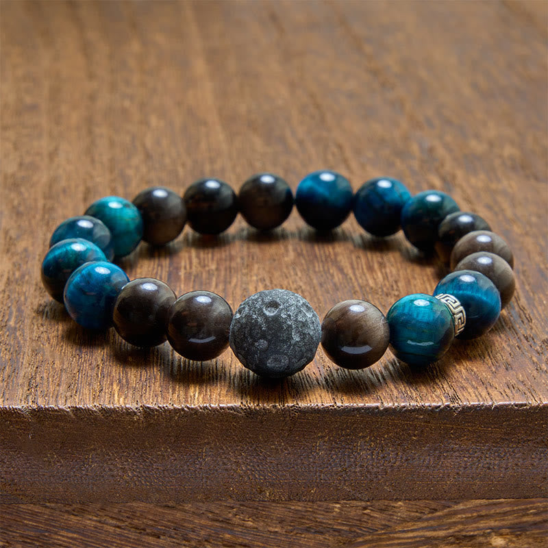 Buddha Stones Blue Tiger Eye Silver Sheen Obsidian Couple Positive Bracelet