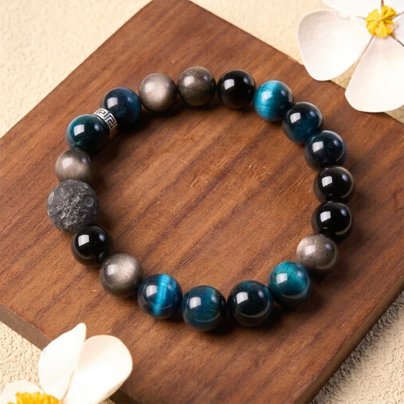 Buddha Stones Blue Tiger Eye Silver Sheen Obsidian Couple Positive Bracelet