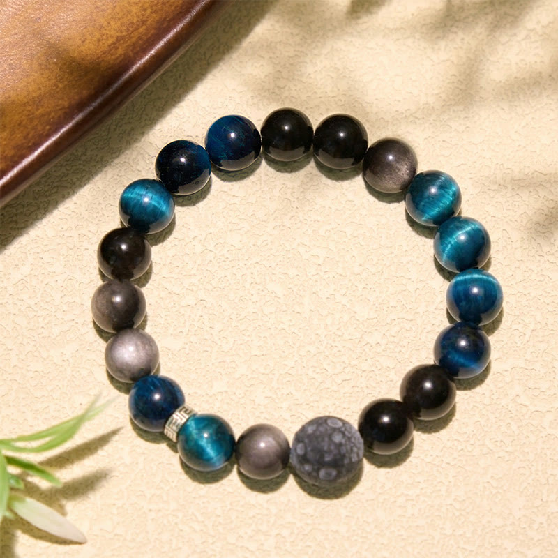 Buddha Stones Blue Tiger Eye Silver Sheen Obsidian Couple Positive Bracelet