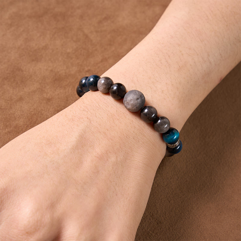 Buddha Stones Blue Tiger Eye Silver Sheen Obsidian Couple Positive Bracelet