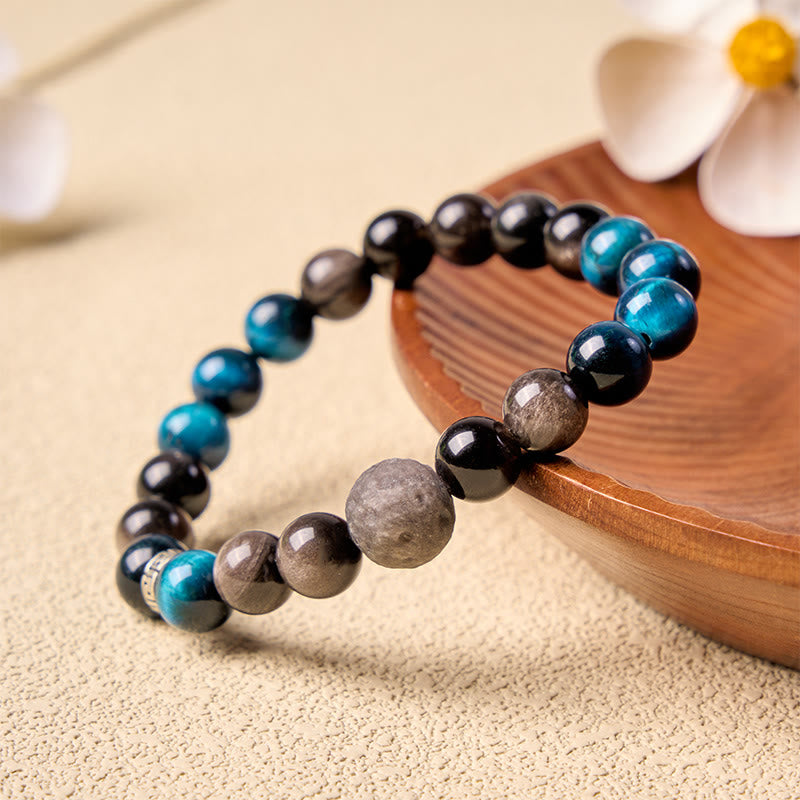 Buddha Stones Blue Tiger Eye Silver Sheen Obsidian Couple Positive Bracelet