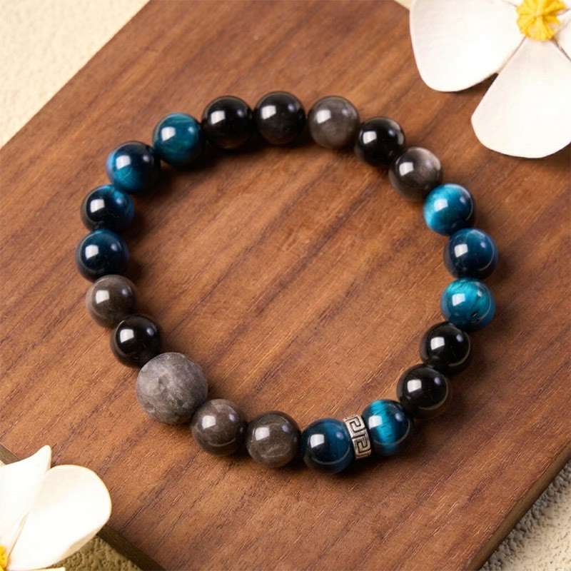 Buddha Stones Blue Tiger Eye Silver Sheen Obsidian Couple Positive Bracelet