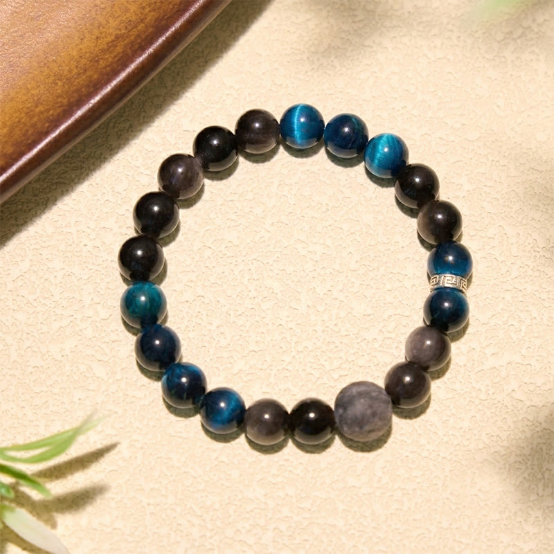 Buddha Stones Blue Tiger Eye Silver Sheen Obsidian Couple Positive Bracelet
