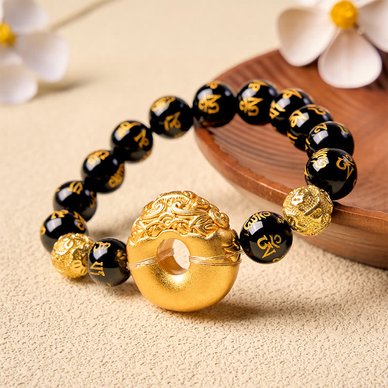Buddha Stones Black Obsidian Pi Xiu Peace Buckle Om Mani Padme Hum Wealth Bracelet