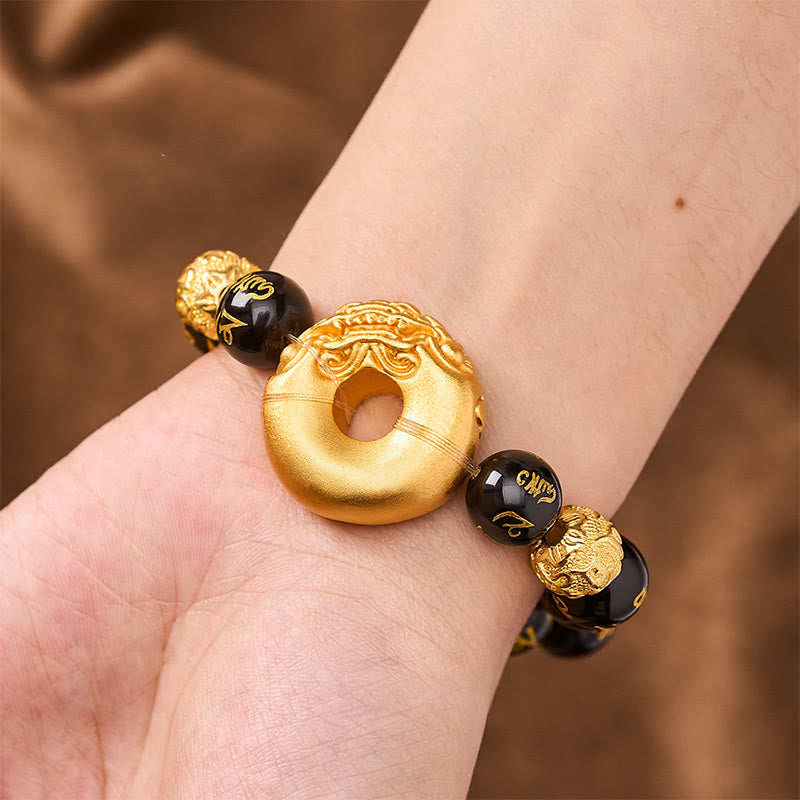 Buddha Stones Black Obsidian Pi Xiu Peace Buckle Om Mani Padme Hum Wealth Bracelet