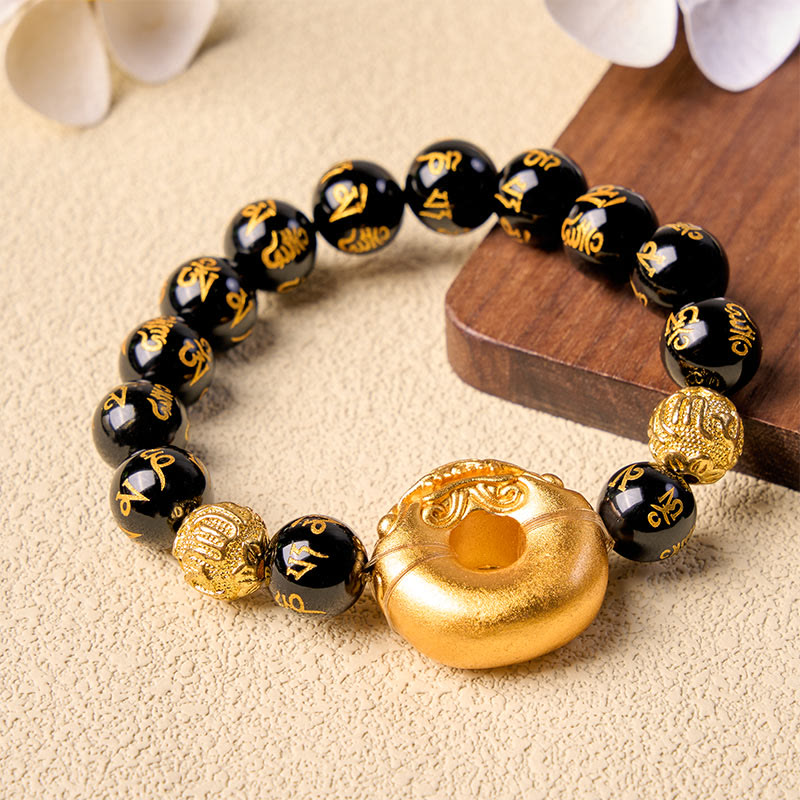 Buddha Stones Black Obsidian Pi Xiu Peace Buckle Om Mani Padme Hum Wealth Bracelet