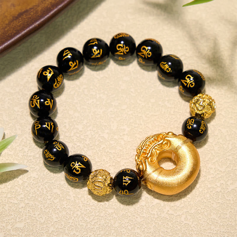 Buddha Stones Black Obsidian Pi Xiu Peace Buckle Om Mani Padme Hum Wealth Bracelet
