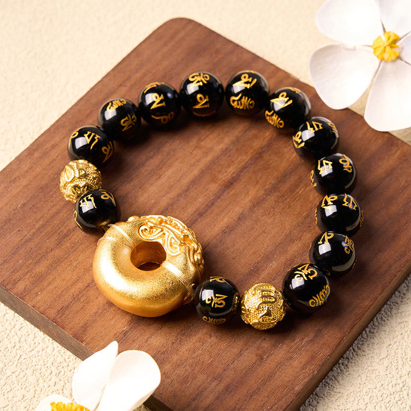 Buddha Stones Black Obsidian Pi Xiu Peace Buckle Om Mani Padme Hum Wealth Bracelet