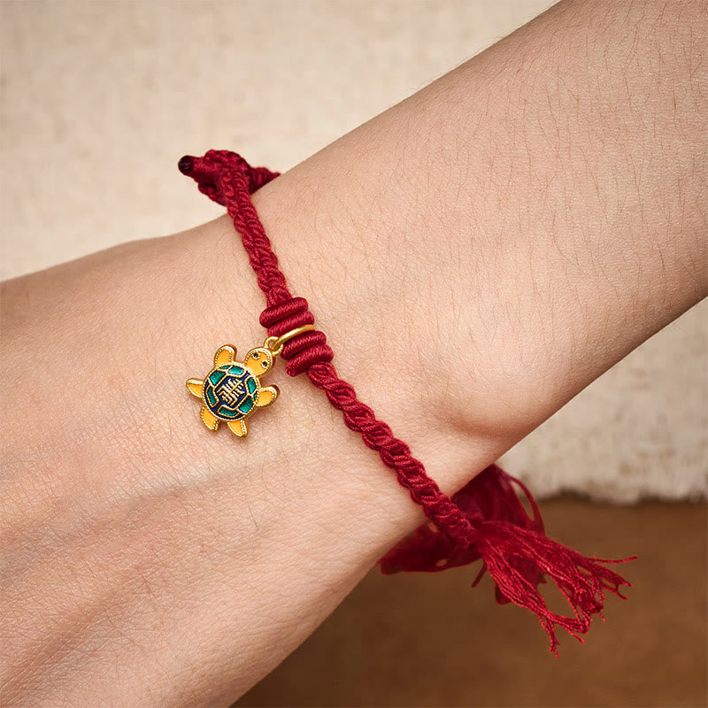 Buddha Stones Turtle Charm Gold Plated Copper Red String Balance Tibet Bracelet
