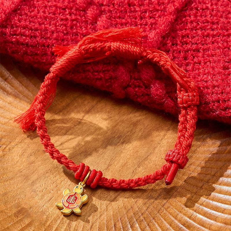 Buddha Stones Turtle Charm Gold Plated Copper Red String Balance Tibet Bracelet