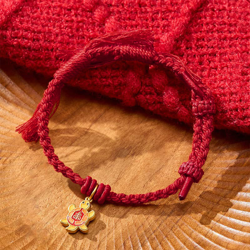 Buddha Stones Turtle Charm Gold Plated Copper Red String Balance Tibet Bracelet