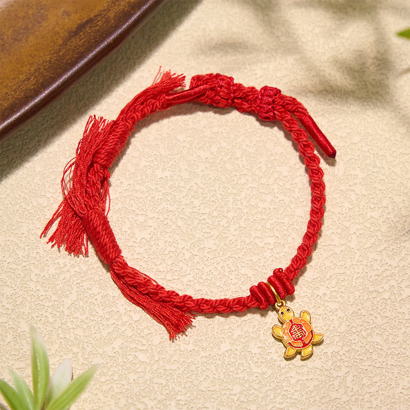 Buddha Stones Turtle Charm Gold Plated Copper Red String Balance Tibet Bracelet