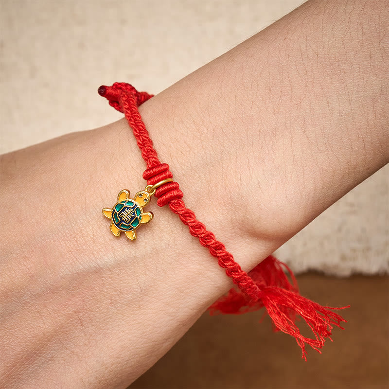 Buddha Stones Turtle Charm Gold Plated Copper Red String Balance Tibet Bracelet