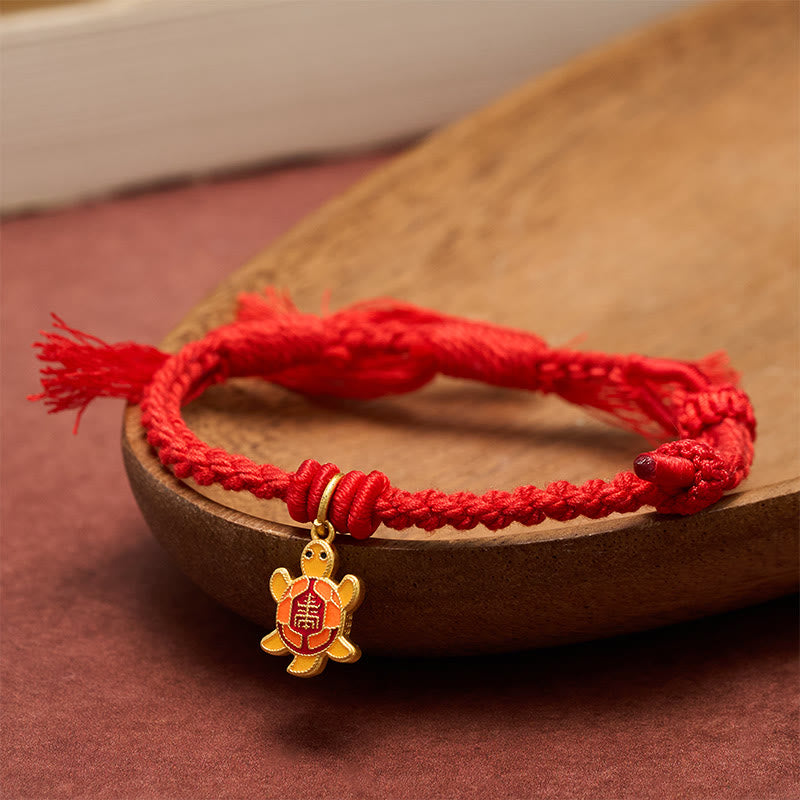 Buddha Stones Turtle Charm Gold Plated Copper Red String Balance Tibet Bracelet