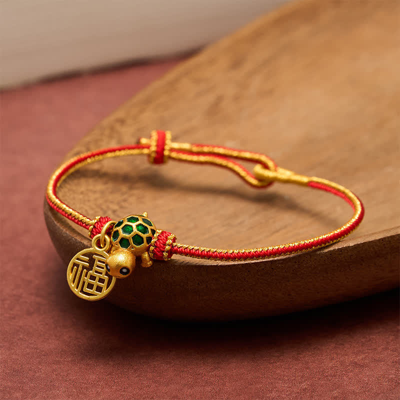 Buddha Stones Red String Copper Fu Character Turtle Braided Luck Bracelet