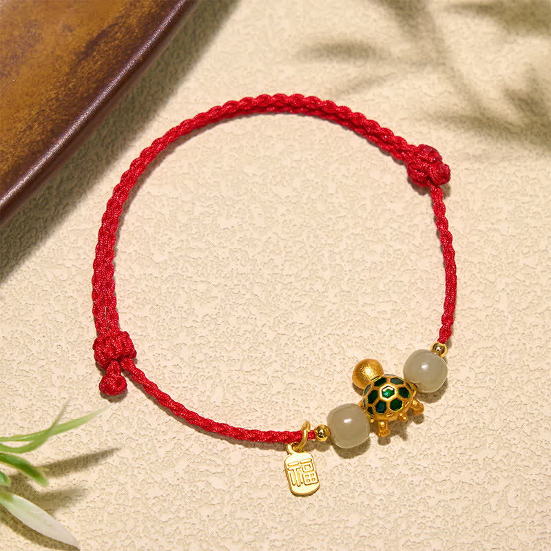 Buddha Stones Copper Turtle Hetian Jade Fu Character Luck Red String Bracelet