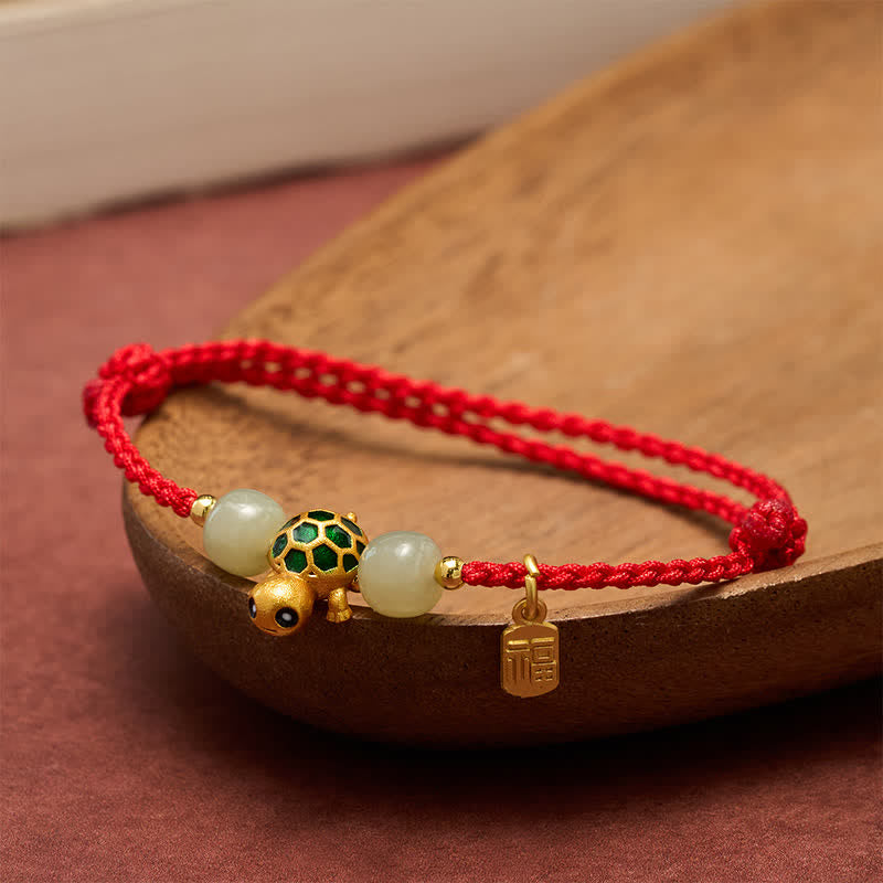 Buddha Stones Copper Turtle Hetian Jade Fu Character Luck Red String Bracelet