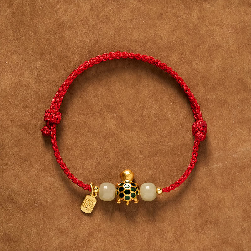 EverestArtstudios Copper Turtle Hetian Jade Fu Character Luck Red String Bracelet