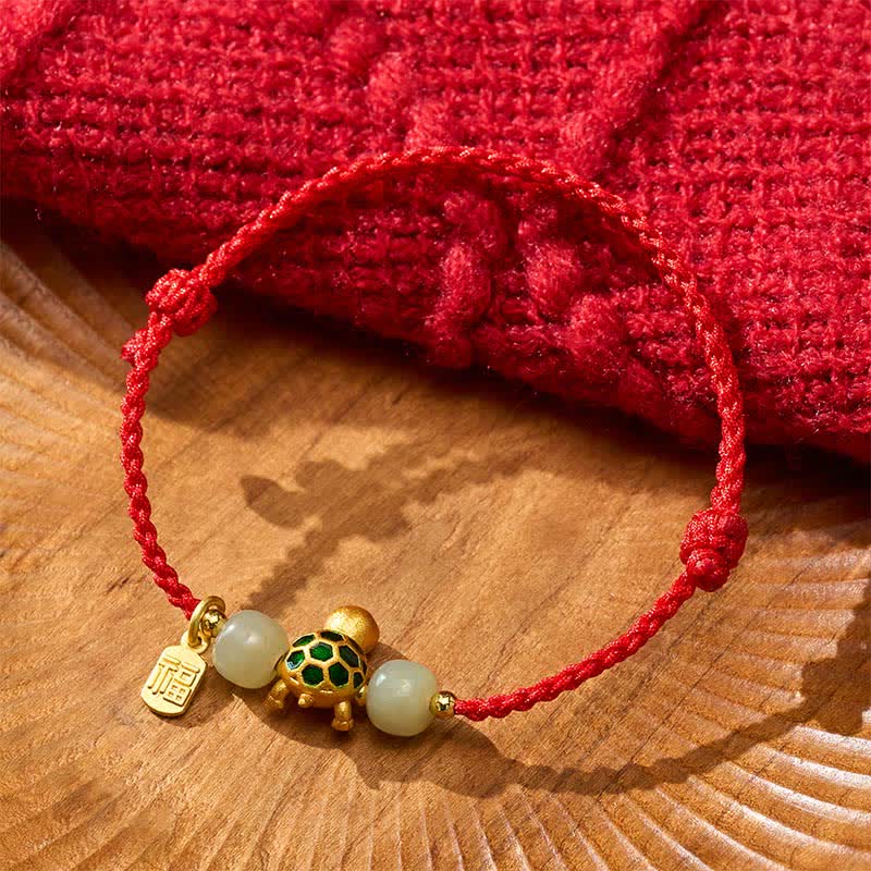 Buddha Stones Copper Turtle Hetian Jade Fu Character Luck Red String Bracelet