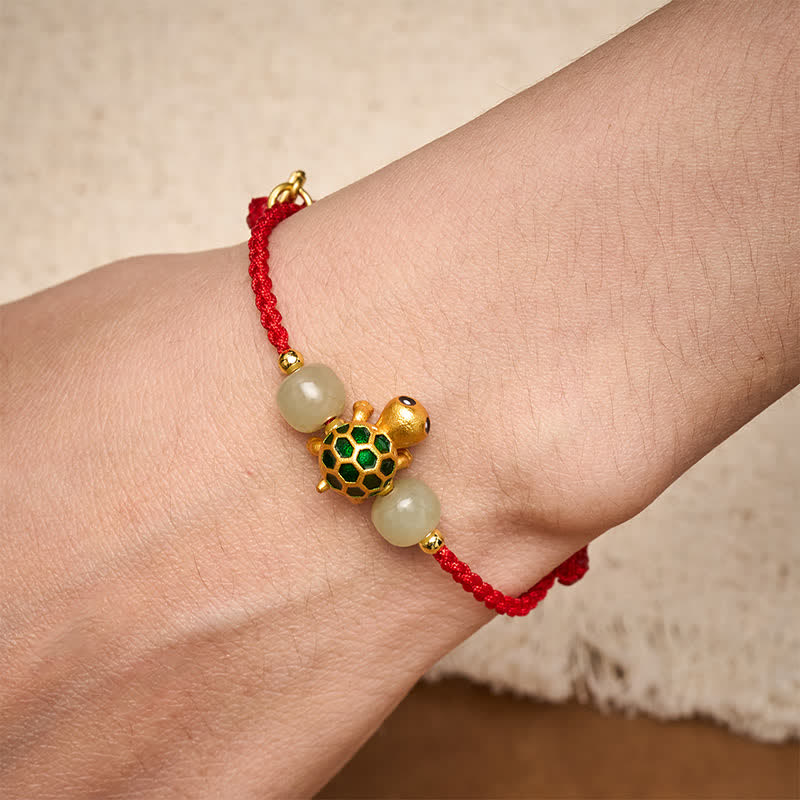 Buddha Stones Copper Turtle Hetian Jade Fu Character Luck Red String Bracelet