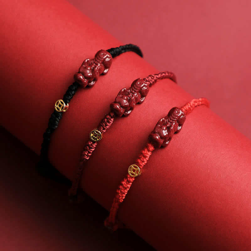 Buddha Stones Cinnabar Pi Xiu 925 Sterling Silver Chinese Coin Wealth Red String Adjustable Bracelet