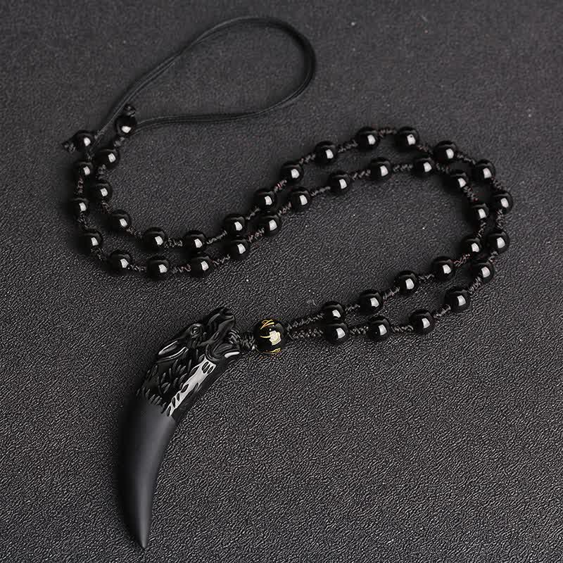 Buddha Stones Natural Ice Obsidian Wolf Tooth Pattern Courage Necklace Pendant