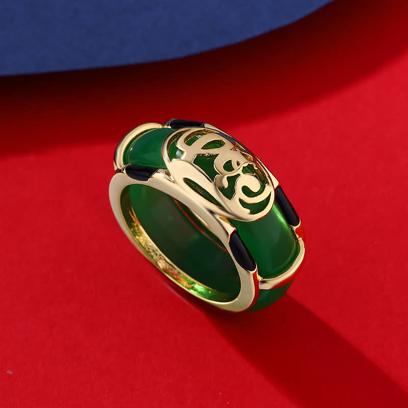 EverestArtstudios Vintage Green Jade Fu Character Pattern Ring