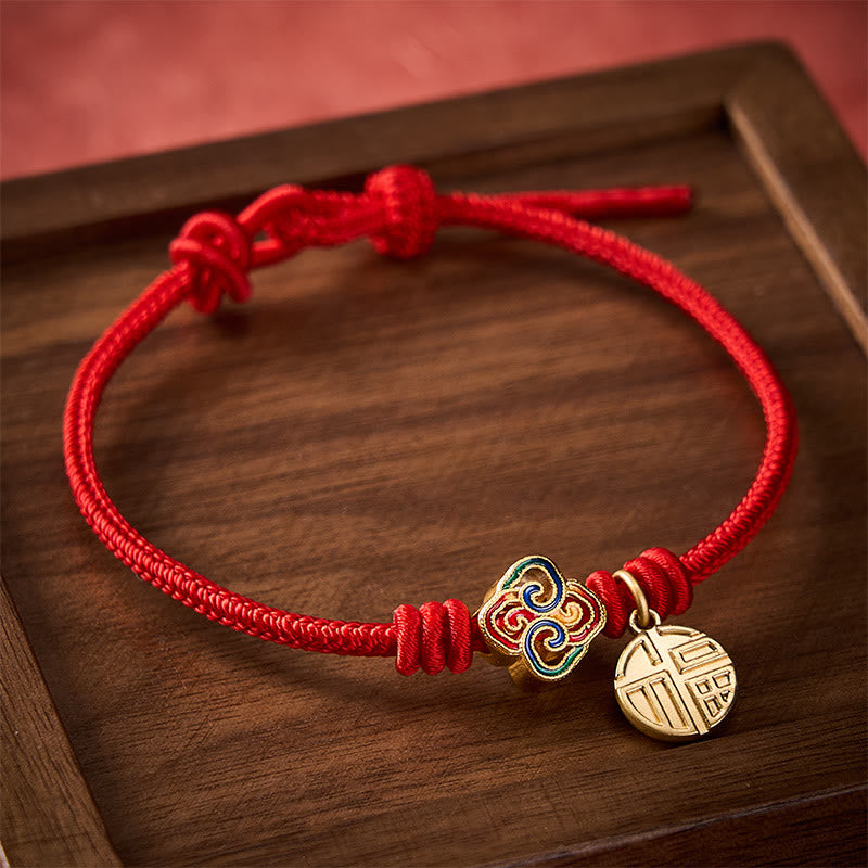 Buddha Stones Chinese Knotting Fu Character Copper Red String Hand-Woven Prosperity Bracelet