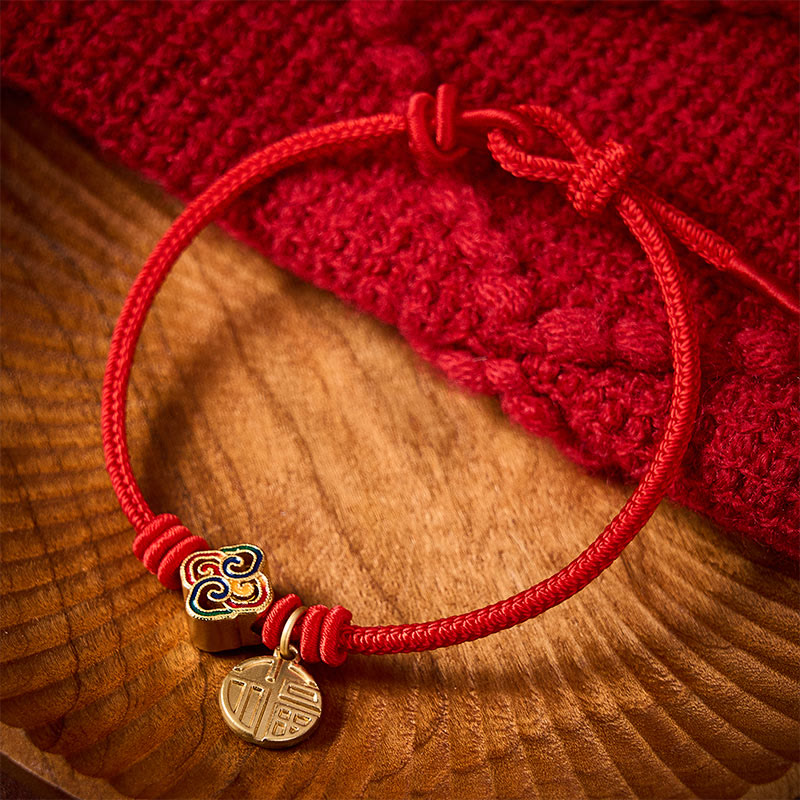Buddha Stones Chinese Knotting Fu Character Copper Red String Hand-Woven Prosperity Bracelet