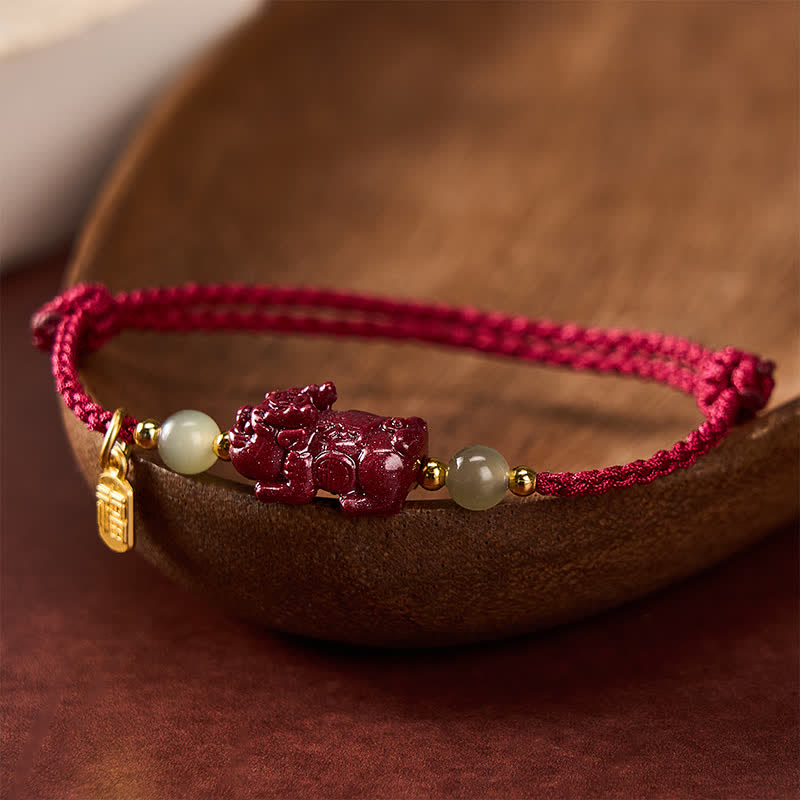 EverestArtstudios Natural Cinnabar Pi Xiu Hetian Jade Luck Red String Bracelet