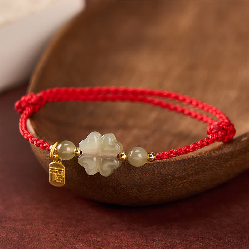 Buddha Stones Natural Hetian Jade Four-leaf Clover Fu Character Luck Red String Bracelet