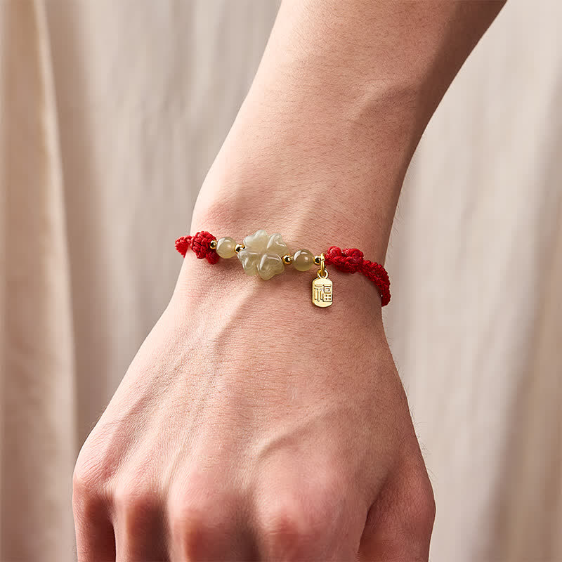Buddha Stones Natural Hetian Jade Four-leaf Clover Fu Character Luck Red String Bracelet